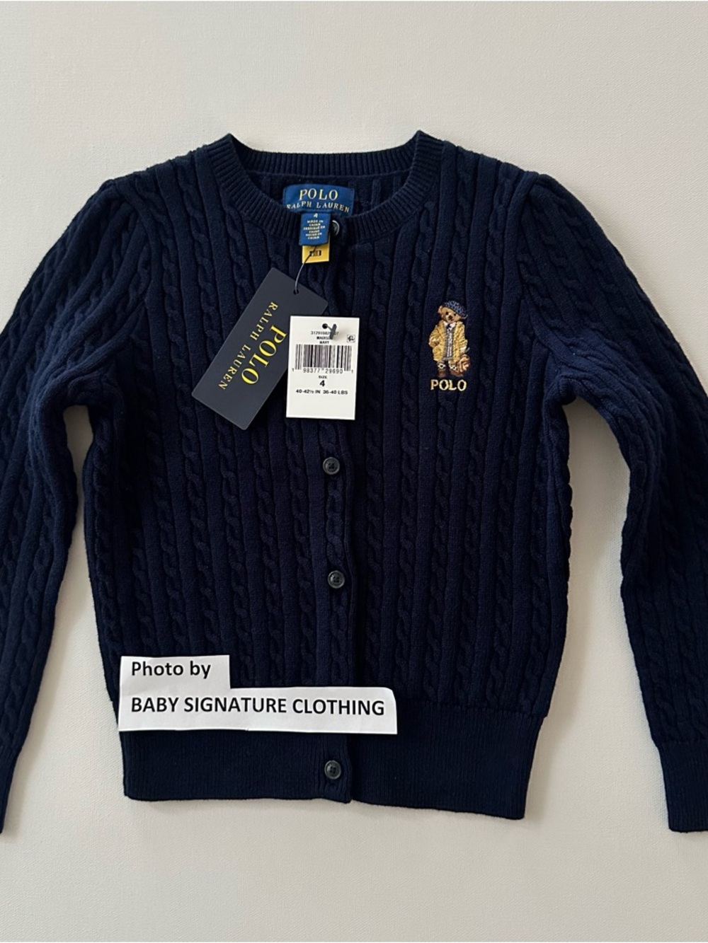 Polo Ralph Lauren Girls 4 Navy Cable Knit Cardigan with Polo Bear Embroidery NWT